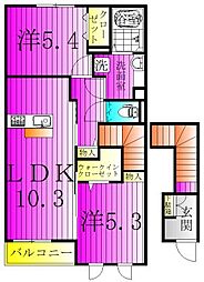 スカイヒル 2階2LDKの間取り