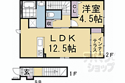 JR山陰本線 太秦駅 徒歩12分の賃貸アパート 2階1LDKの間取り