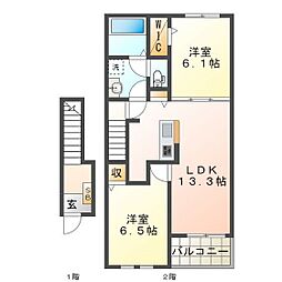 シェルト　クレーテ津　Ａ 2階2LDKの間取り