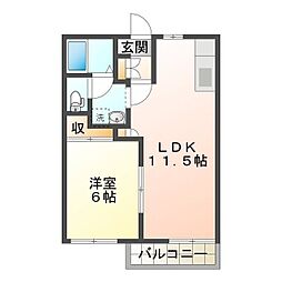 セントリバーハイツ千代崎B 2階1LDKの間取り