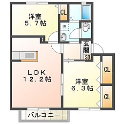 グリーンヒル中島A 2LDKの間取図画像