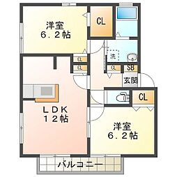 メルヴェーユB棟 2LDKの間取図画像