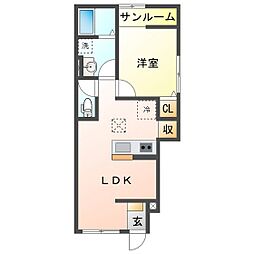 ベレッツァ鈴鹿 B棟 1LDKの間取図画像
