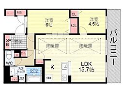 阪急京都本線 西京極駅 徒歩9分の賃貸マンション 2階2LDKの間取り