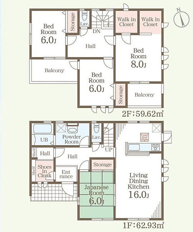 1号棟間取図。4LDK+2WIC、16帖LDKと和室を備えた収納豊富な住まいです。