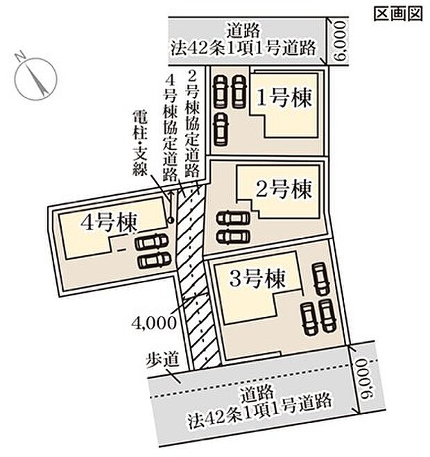 区画図。各号棟の建物配置や駐車スペースを確認しやすい資料です。