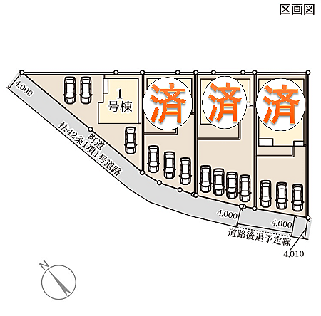 区画図。各号棟の建物配置や駐車スペースを確認しやすい資料です。