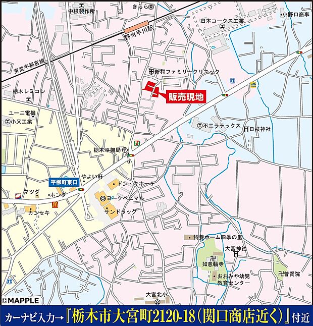 現地案内図です。カーナビ:栃木市大宮町2120-18(関口商店近く)