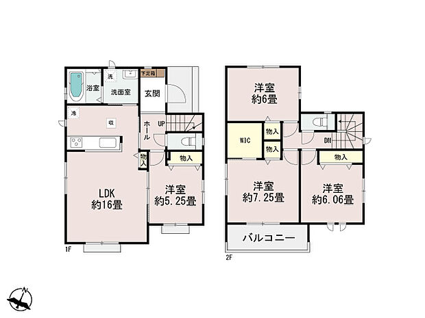 間取図。4LDK、16帖LDKと全居室収納を備えた、家族で暮らしやすい住まいです。