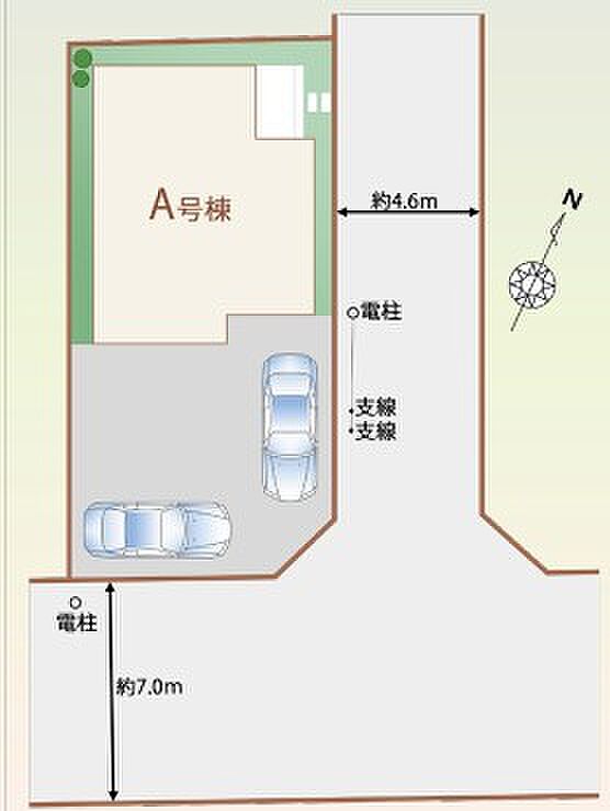 区画図。南東角地の敷地形状や建物配置、駐車スペースを確認しやすい資料です。
