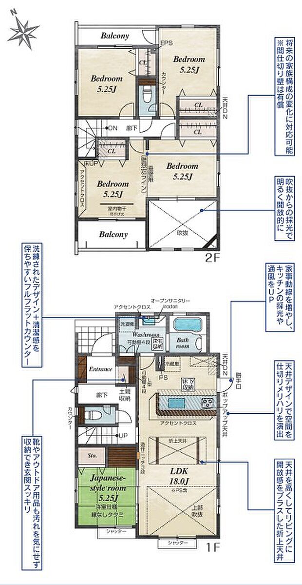 18帖LDK・洋室仕様タタミ・土間収納・吹抜け・将来間仕切り対応居室