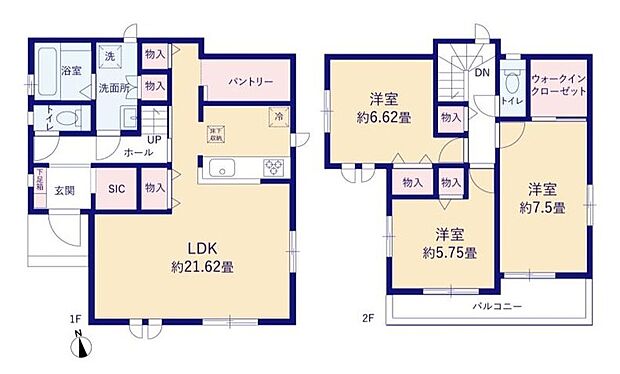 B号棟間取図 21帖超LDK・パントリー・SIC・WIC・並列駐車2台