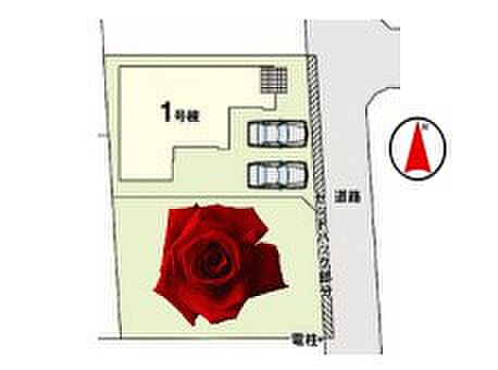 区画図。建物配置や駐車スペース、前面道路との位置関係を確認できます。