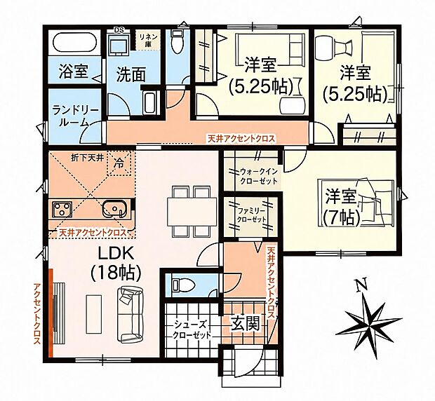 18帖LDK・平屋3LDK・ランドリールーム・ファミリークローク・WIC・SIC
