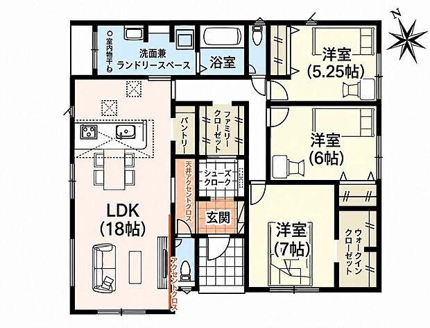 18帖LDK・平屋3LDK・2WIC・ファミリークローク・SIC・パントリー・ランドリースペース