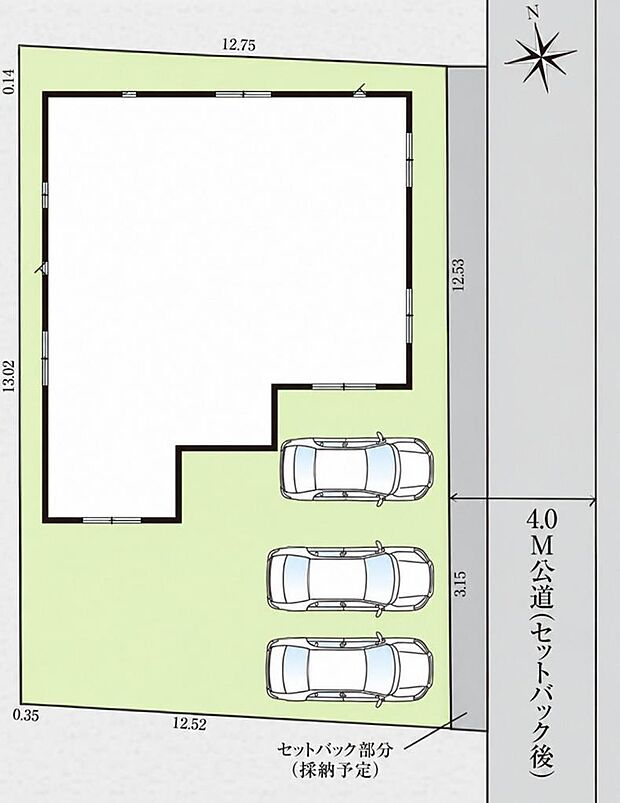 区画図。建物配置や駐車スペース、前面道路との位置関係を確認できます。
