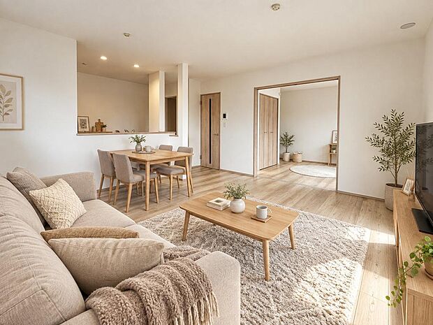 リビング・ダイニングを一体で使える空間。家族時間を育みやすい間取りです。*家具配置イメージ