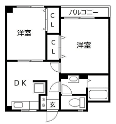 ハイウッド美野島 2DKの間取図画像