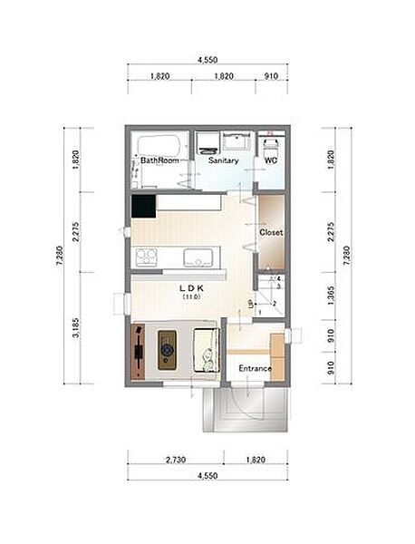 1階　建物プラン例　建物価格：1660万円　建物面積：64ｍ2