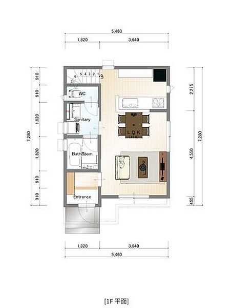 1階 建物プラン例　建物価格：1950万円　建物面積：74ｍ2
