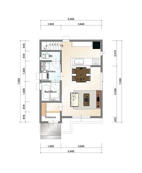 1階　建物プラン例　建物価格：1950万円　建物面積：74ｍ2