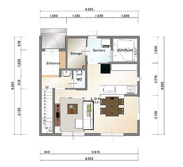 建物プラン例　建物価格：1，700万円建物面積：91ｍ2