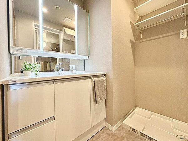 大きな鏡で朝の身支度もスムーズに。収納豊富な洗面化粧台で、美しい水回りを実現。