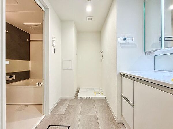 収納力も備えた洗面台周り。ごちゃつきがちな洗面用具もスッキリと片付き、いつも清潔です。