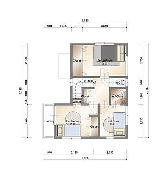 2階　建物プラン例　建物価格：2040万円　建物面積：80ｍ2