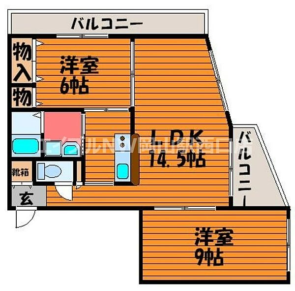 Ｐ＆Ｉ　伊島西ハイツ ｜岡山県岡山市北区伊島町3丁目(賃貸マンション2LDK・2階・60.45㎡)の写真 その2