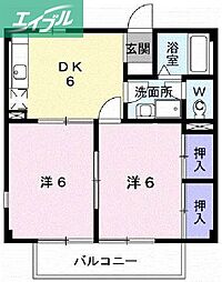 向山ハイツ 2階2DKの間取り