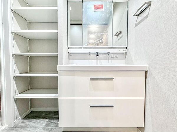 【洗面所】　大きな棚収納が備わった洗面所。リネン類や日用品を収納しておくと便利に使えます