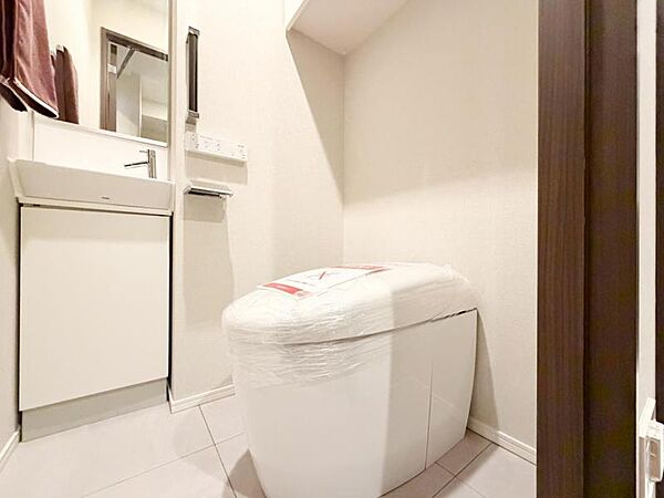 【トイレ】　手洗いカウンターがあることで、トイレ空間に余白と落ち着きが生まれます。機能性だけでなく、インテリアとしての美しさも感じられる設計です。