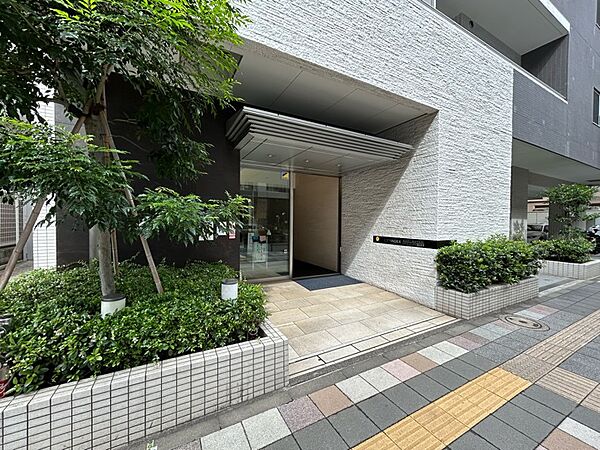 植栽を配した落ち着きあるエントランス。道路から一歩奥まったアプローチが設けられています。