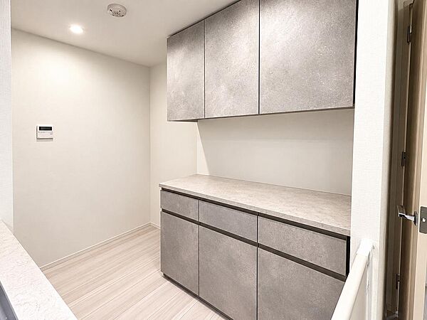 キッチン背面には収納力のあるカップボードを設置。調理家電や食器類をすっきり収納でき、キッチンまわりを整えやすい設計です。