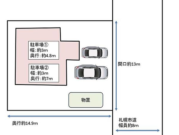 敷地配置図です。駐車並列2台可能です。物置もございますのでタイヤの収納等お使いいただけます。