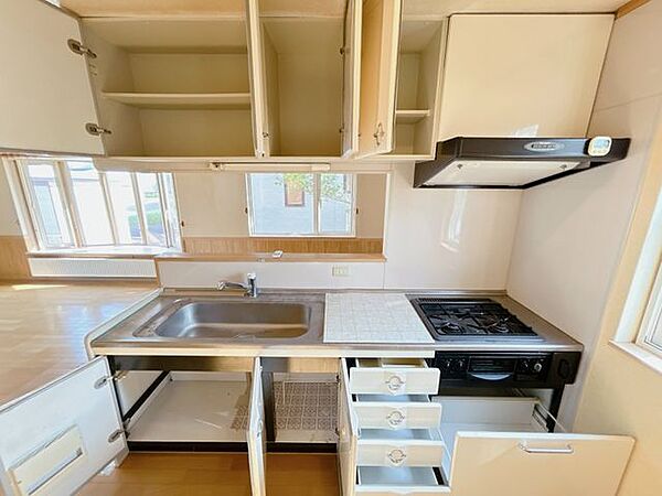 【期間限定現況販売】キッチン収納です。収納は引き出し式で、大きなお鍋やフライパンもすっきり片付きます。