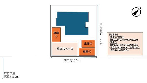 【敷地配置図】敷地配置図です。車庫3台分、前面駐車スペース2台の計5台駐車可能です。