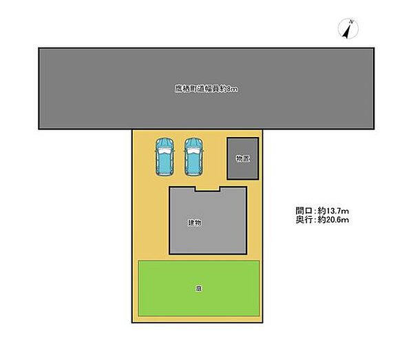【配置図】お車は二台ほど駐車可能です。駐車計画の参考にご活用ください。