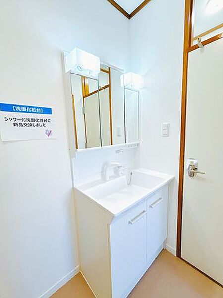 【リフォーム済】こちらは今回設置した洗面化粧台になります。シンクにシャワーもついており、掃除も楽ですね。
