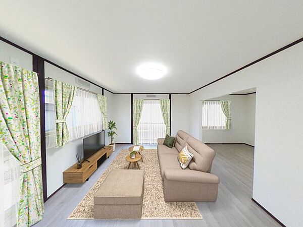 【リフォーム済】CG合成で家具を配置したイメージです。約23帖のリビングです。床はフローリングを張り、天井と壁紙のクロスを張替えしたので部屋全体が明るくなりました。
