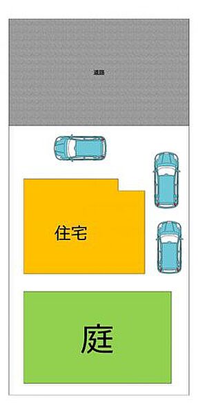 【区画図】土地がどんな形をしていて、前面道路の幅員、どれだけの間口や奥行があるのか。そして家屋や駐車スペース等の位置関係をわかりやすくした図面です。普通車3台駐車できます
