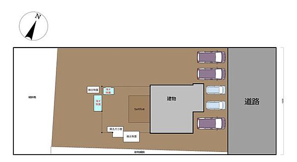 【敷地図】駐車並列5台可能で、お庭はフェンスで囲まれておりますので、お子様やペットをお庭で遊ばせることもできる広さです。