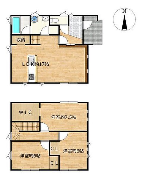 【間取り図】3LDKの住宅です。対面キッチンのリビングで、お料理も楽しめますね。2階は各部屋に収納がついていますので、部屋を広く使うことができますね。