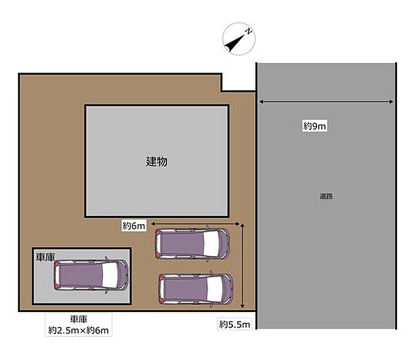【区画図】お車は3台駐車可能です。1台分の車庫があります。2階は物置スペースになっています。