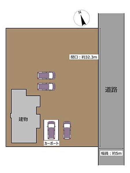 【区画図】広々とした駐車場のため普通車4台以上駐車可能です。1台分のカーポートも設置されています。