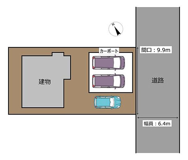 【区画図】普通車2台カーポートに並列駐車可能。その他カースペースもございます。週末はもちろん平日でもご案内可能です。（要相談）