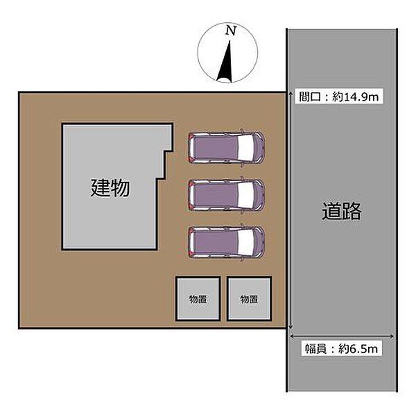 【区画図】普通車3台並列駐車可能です。敷地内に物置が2つ設置されているため、タイヤなどの収納も可能です。