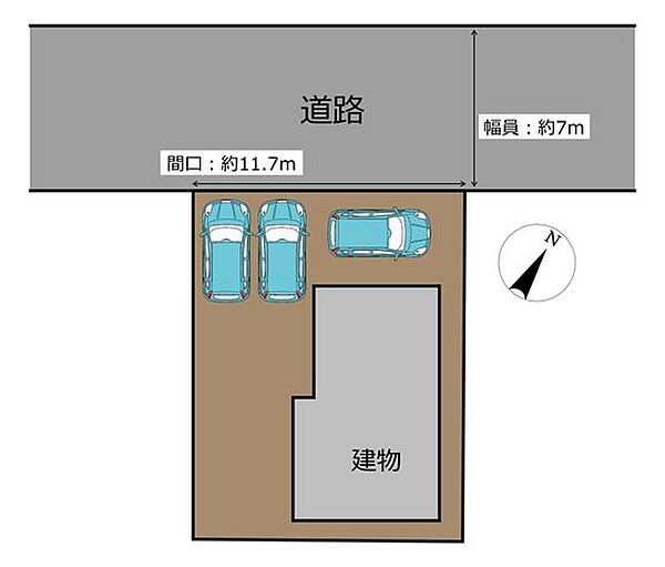 【区画図】普通車2台並列、軽自動車1台横付け駐車可能です。簡易物置を解体する駐車拡張工事を実施します。