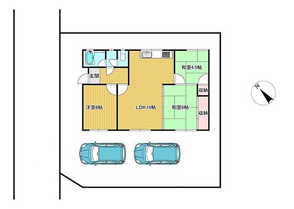 【区画図】駐車は縦列2台可能です。土間コンクリートになっているので管理もしやすくなっています。